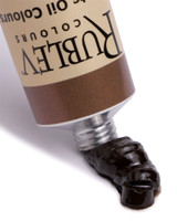 Close up of Rublev Cyprus Umber Medium oil paint squeezed from 50ml tube, rich dark umber colour