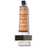Rublev French Burnt Umber 50ml oil paint tube with colour swatch showing mass tone and tinted sample
