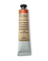 Rublev Artists Oil Paint 50ml S1 French Red Ochre tube on white background, natural PR 102 hematite red earth from the Luberon in linseed oil with no additives