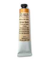 Rublev Artists Oil Paint 50ml S1 Italian Raw Sienna tube upright on white background, natural PY 43 raw sienna ground in linseed oil with no additives