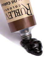 Italian Raw Umber Green oil paint squeezed from Rublev 50ml tube showing greenish-brown semi-opaque earth colour and smooth paint body