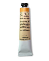 Rublev Artists Oil Paint 50ml S1 Italian Yellow Earth tube upright on white background, natural PY 43 goethite yellow earth quarried in Northern Italy, ground in linseed oil with no additives