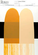 Lemon Ochre drawdown card showing full strength mass tone, undertone scrape, and 1:2 mixture with titanium white for tint comparison