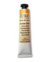 Rublev Artists Oil Paint 50ml S1 Lemon Ochre tube upright on white background, natural PY 43 goethite yellow earth ground in linseed oil with no additives