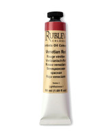 Rublev Artists Oil Paint 50ml S1 Venetian Red tube upright on white background, natural PR 102 hematite red ochre from Veneto Italy in linseed oil with no additives
