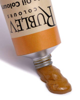 Yellow Ochre Light oil paint squeezed from Rublev 50ml tube showing soft warm yellow ochre colour and smooth long paint texture