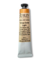 Rublev Artists Oil Paint 50ml S1 Yellow Ochre Light tube on white background, natural French Luberon ochre PY 43 in linseed oil