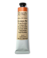 Rublev Artists Oil Paint 50ml S2 Ercolano Red tube upright on white background, natural PR 102 Italian red earth ochre in linseed oil with no additives