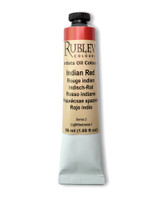 Rublev Artists Oil Paint 50ml S2 Indian Red tube on white background, natural iron oxide PR 102 ground in linseed oil with no additives