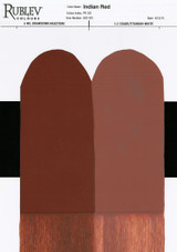 Indian Red drawdown card showing full strength mass tone, undertone scrape, and 1:2 mixture with titanium white for tint comparison