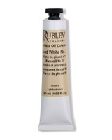 Rublev Artists Oil Paint 50ml S6 Lead White #2 tube upright on white background, PW 1 basic lead carbonate in pale walnut oil with no stabilisers or fillers