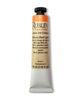 Rublev Artists Oil Paint 50ml S5 Minium Red Lead tube upright on white background, PR 105 lead tetroxide pigment in walnut oil with aluminum stearate, opaque historic orange-red