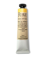 Rublev Artists Oil Paint 50ml S7 Lead-Tin Yellow Dark Type II tube upright on white background, historic lead-tin yellow pigment in linseed oil with no additives