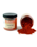 Rublev Colours Pozzuoli Red pigment jar tipped with powder spilling out 100g PR102 Italian red earth pigment