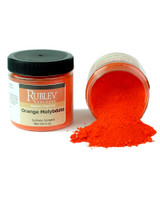 Rublev Colours Orange Molybdate pigment jar tipped with powder spilling out 100g PR104 molybdate orange pigment