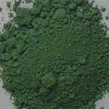 Top view of Chromium Oxide Green pigment powder PG17 showing clean medium green fine pigment texture close-up