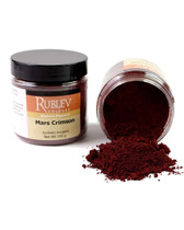 Rublev Colours Mars Crimson PR 101 jar tipped over with bluish red iron oxide pigment powder spilled out, 100g artist dry pigment