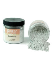 Rublev Colours Slate Grey PBk 19 jar tipped over with grey mineral pigment powder spilled out, 100g natural inorganic pigment