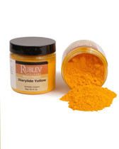 Rublev Colours Diarylide Yellow PY 83 jar tipped over with warm yellow pigment powder spilled out, 100g artist dry pigment