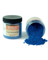 Rublev Colours Cobalt Chromite Blue PB 36 jar tipped over with blue-green pigment powder spilled out, 100g artist dry pigment