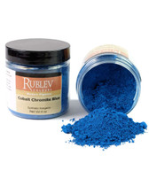 Rublev Colours Cobalt Aluminate Blue PB 28 jar tipped over with deep blue pigment powder spilled out, 100g artist dry pigment