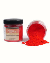 Rublev Colours Cadmium Red Light dry pigment PR 108 jar tipped over with vivid red powder spilled out, 100g artist pigment