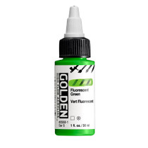Golden High Flow Acrylics 30ml Fluorescent Green S5 bottle with ultra-fluid fluorescent acrylic paint and front label visible