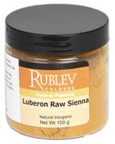 Rublev Colours Dry Pigments 100g - S1 Luberon Raw Sienna PR 102 jar on white background, natural French sienna earth pigment