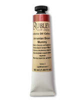 Rublev Colours Artists Oil Armenian Brown Mummy 50ml tube on white background, Series 3 lightfastness I