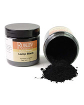 Rublev Colours Lamp Black pigment jar tipped with powder spilling out PBk6 carbon black dry pigment 100g