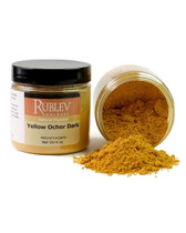 Rublev Colours Yellow Ochre Dark pigment jar tipped with powder spilling out PY43 natural iron oxide hydroxide earth pigment 100g