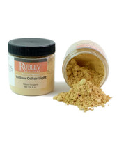 Rublev Colours Yellow Ochre Light pigment jar tipped with powder spilling out PY43 natural iron oxide hydroxide earth pigment 100g