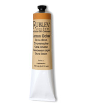 Rublev Artists Oil Paint 150ml S1 Lemon Ochre tube on white background, natural PY 43 goethite yellow earth in linseed oil with no additives