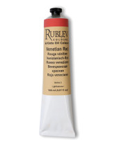 Rublev Artists Oil Paint 150ml S1 Venetian Red tube on white background, natural PR 102 hematite red ochre from Veneto Italy in linseed oil with no additives