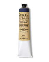 Rublev Artists Oil Paint 150ml S2 Ultramarine Blue Green Shade tube on white background, PB 29 additive free oil paint in linseed oil