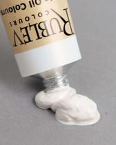 Rublev Artists Oil Paint Lead White #2 150ml tube dispensing thick ropey flake white oil paint onto a neutral background