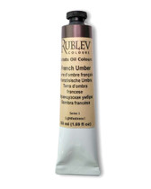 Rublev Artists Oil Paint 50ml S1 French Raw Umber tube on white background, natural PBr 7 umber from the Luberon ground in linseed oil with no additives