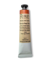Rublev Artists Oil Paint 50ml S1 French Red Ochre tube on white background, natural PR 102 hematite red earth from the Luberon in linseed oil with no additives