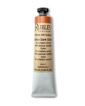 Rublev Artists Oil Paint 50ml S1 Italian Dark Ochre tube upright on white background, natural PY 43 goethite yellow ochre ground in linseed oil with no additives