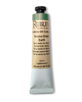 Rublev Artists Oil Paint 50ml S2 Verona Green Earth tube upright on white background, natural PG 23 Italian green earth in linseed oil with no additives