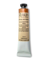 Rublev Artists Oil Paint 50ml S2 Cyprus Burnt Umber Warm tube upright on white background, natural PBr 7 iron-manganese umber from Cyprus ground in linseed oil with no additives