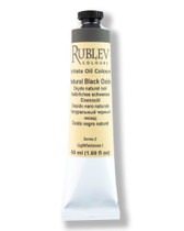 Rublev Artists Oil Paint 50ml S2 Natural Black Oxide tube on white background, magnetite black iron oxide PBk 11 in linseed oil