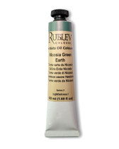 Rublev Artists Oil Paint 50ml S2 Nicosia Green Earth tube on white background, natural Cyprus green earth pigment in linseed oil