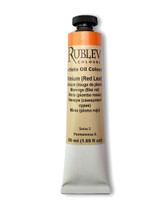 Rublev Artists Oil Paint 50ml S5 Minium Red Lead tube upright on white background, PR 105 lead tetroxide pigment in walnut oil with aluminum stearate, opaque historic orange-red