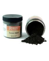 Rublev Colours Roman Black pigment jar tipped with powder spilling out 100g PBk11 black oxide dry pigment