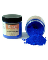 Rublev Colours Ultramarine Blue Green Shade pigment jar tipped with powder spilling out 100g PB29 ultramarine blue pigment