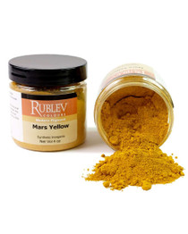 Rublev Colours Mars Yellow PY 42 jar tipped over with yellow iron oxide pigment powder spilled out, 100g artist dry pigment