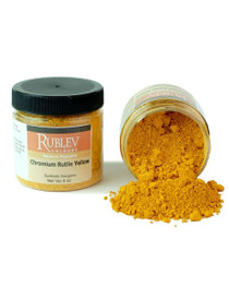 Rublev Colours Chromium Rutile Yellow PBr 24 jar tipped over with yellow-orange pigment powder spilled out, 100g artist dry pigment