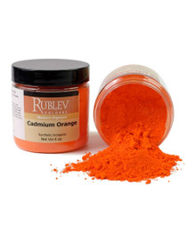 Rublev Colours Cadmium Orange dry pigment jar with lid and an open jar tipped on its side, orange powder spilling out