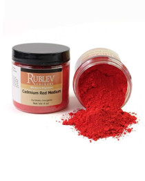 Rublev Colours Cadmium Red Medium pigment jar on its side with red powder spilling out, close-up texture